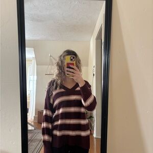 American Eagle Outfitters Striped V-Neck Sweater - Burgundy & Cream